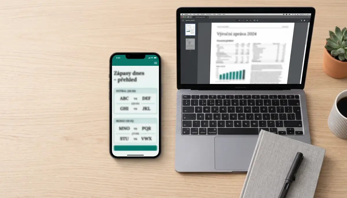 Pracovní stůl analytika s otevřenou mobilní aplikací pro online sportovní sázení a notebookem zobrazujícím výroční zprávu operátora