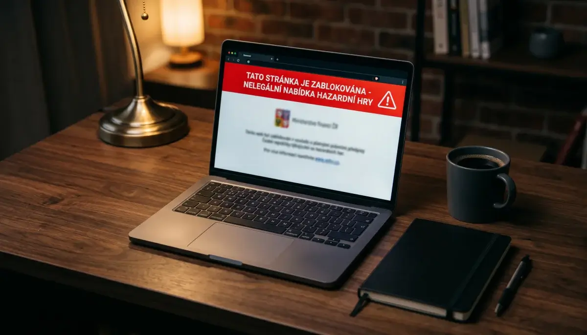 Notebook zobrazující varovnou obrazovku o zablokované nelegální stránce s hazardní nabídkou