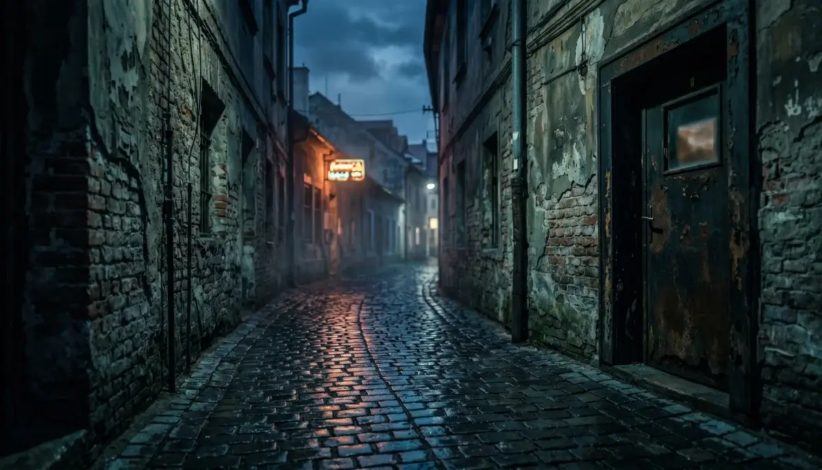 Temná ulička za soumraku s rozmazanou reklamou ve výloze