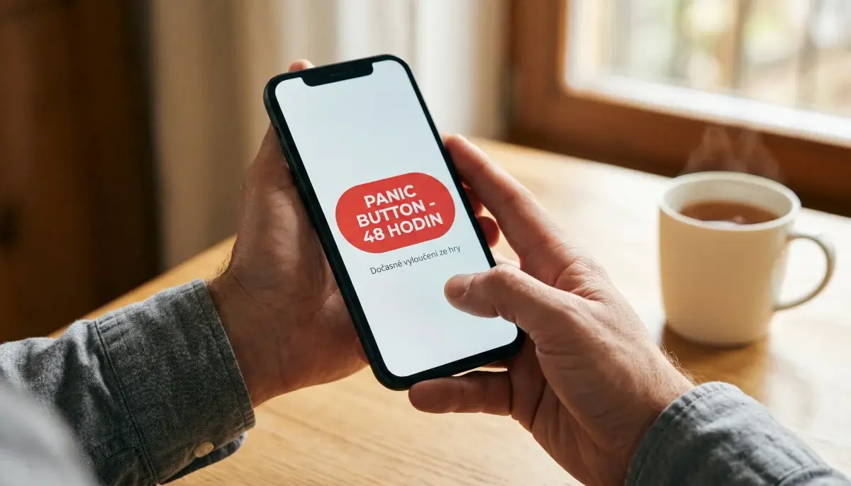 Ruce dospělého muže držící mobilní telefon se zapnutou funkcí panic button pro 48hodinové sebevyloučení z online sázení