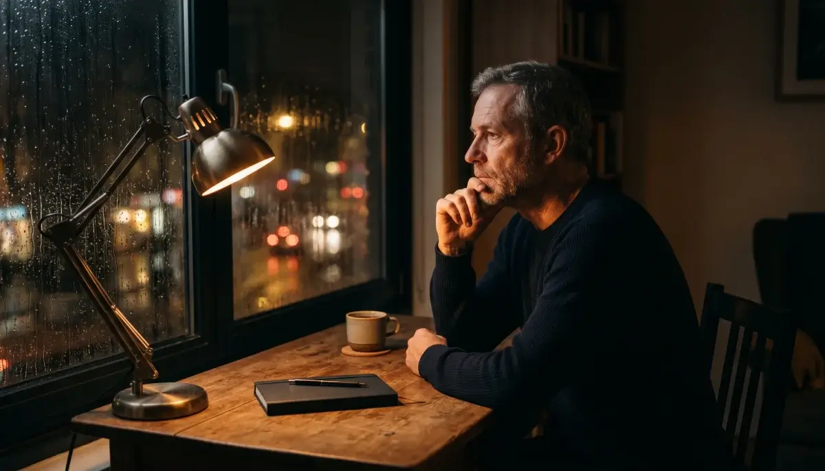 Zamyšlený muž u okna za deštivého večera ve světle stolní lampy