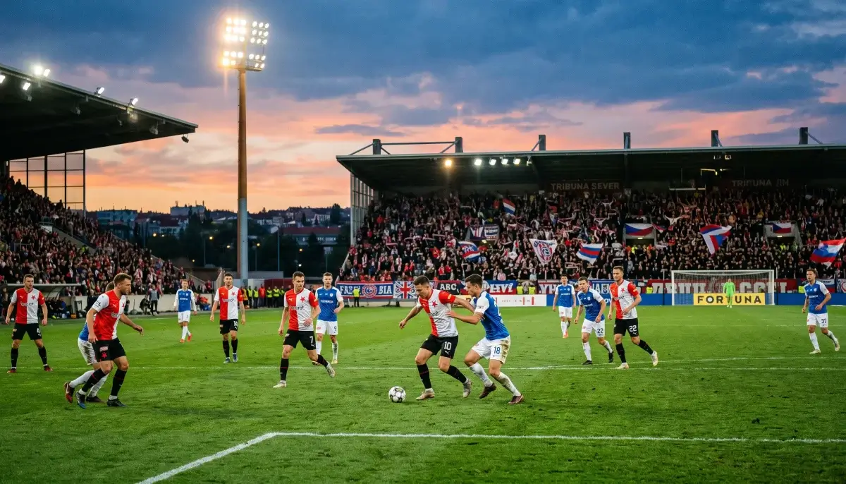 Osvětlený stadion s fotbalovým zápasem za soumraku v Česku
